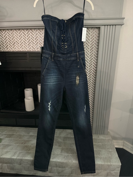 bebe Denim - bebe Dark Blue Lace-Up Strapless Skinny Denim Jumpsuit